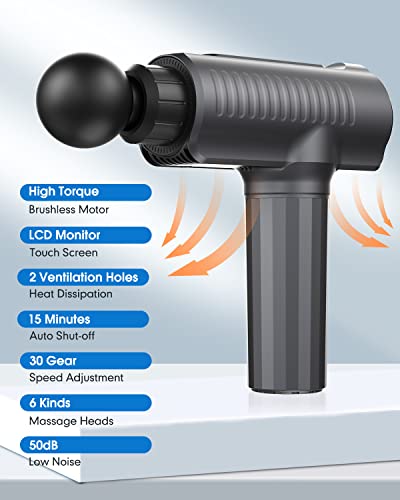 ZAKULU Massage Gun Deep Tissue - 30 Speeds Powerful Muscle Massage Gun with 6 Heads, 2600mAh Battery, Type-C Charging & LC...