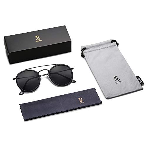 SOJOS Retro Vintage Round Polarized Sunglasses for Women Men Small Double Bridge Circle Sunnies SJ1104