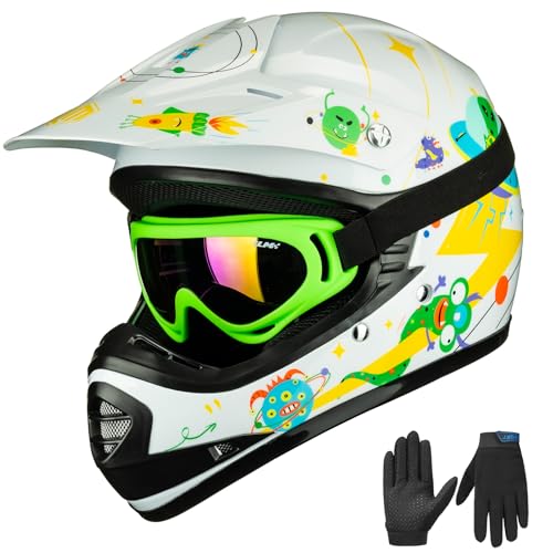 ILM Youth Kids ATV Motocross Helmet Goggles Sports Gloves Dirt Bike Motorcycle Off Road DOT Approved B07(Youth-M, Alien Wh...