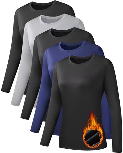 NebuKinex 5 Pack Long Sleeve Thermal Shirts for Women Ultra Soft Fleece-Lined Crew Neck Workout Baselayer Tops