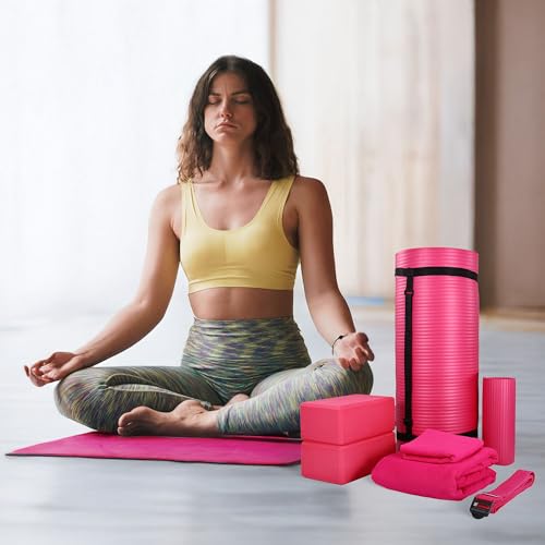 BalanceFrom 7-Piece Yoga Set with 71x24x1 Inches Extra Thick Mat and Carrying Sling – Includes 2 Blocks, Stretch Strap, 2 ...