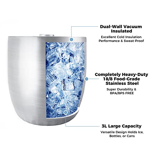 Tiken 3L Double-Wall Vacuum Insulated Ice Bucket with Lid & Tong Stainless Steel Champagne Buckets for Cocktail Bar, Parti...