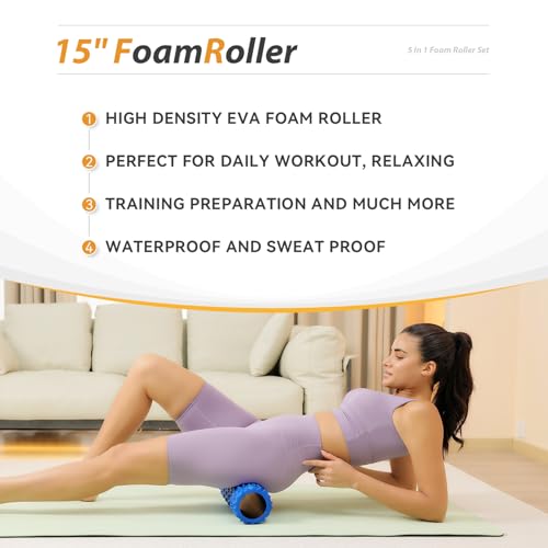 5 in1 Foam Roller Set, Trigger Point Foam Roller, Massage Roller Stick, Massage Ball, Resistance Band for Deep Muscle Mass...