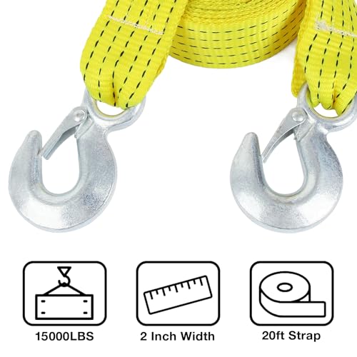 Sumpluct ATV Tow Strap with Hooks 20 ft,15000 lbs Towing Straps Heavy Duty with Hook 2 inch x 20 Foot Ropes for Trucks Veh...