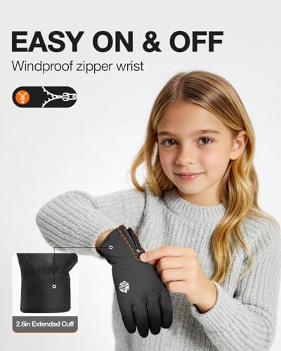 RIGWARL Warm Kids Winter Gloves for Boys Girls, Water-Resistant Touchscreen Gloves with Zipper Cuff, Gifts for Kids Christmas