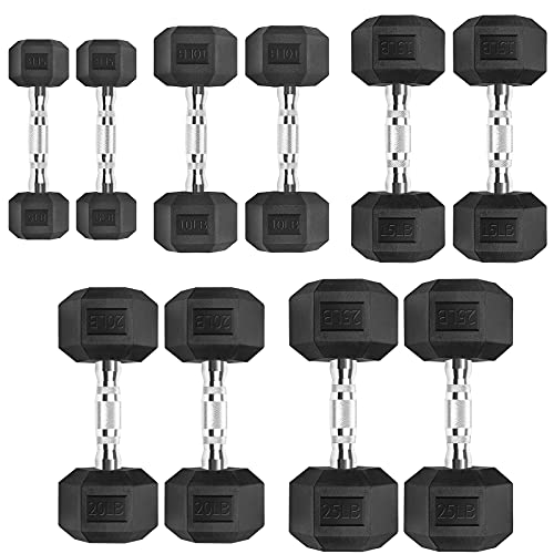 5-25LB Hex Dumbbell Set with Rack Rubber Coated Dumbbell Set with Rack 150 Pound Weight for Home Gym