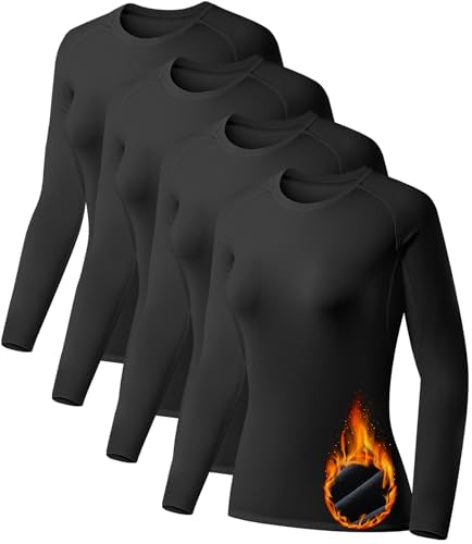 TELALEO 4 Pack Women's Thermal Shirts Fleece Lined Athletic Tops Long Sleeve Compression Workout Baselayer for Cold Weather