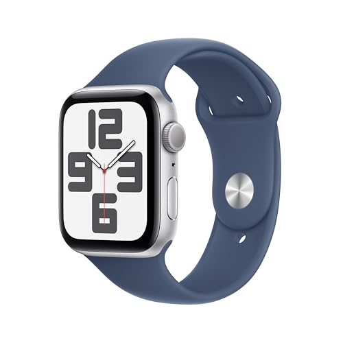 Apple Watch SE (2nd Gen) [GPS 44mm] Smartwatch with Silver Aluminum Case with Denim Sport Band M/L. Fitness and Sleep Trac...