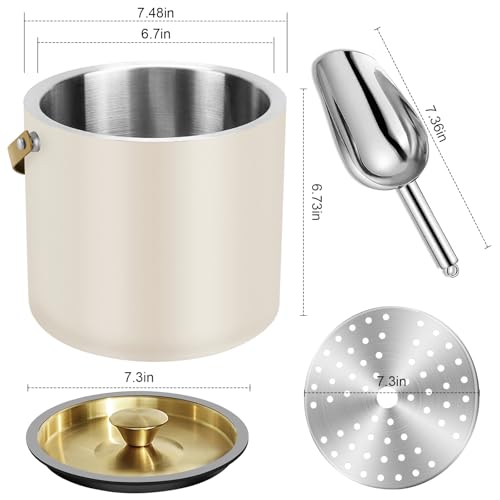 3.2L Modern Insulated Ice Bucket with Silicone Lid, Scoop, Strainer, Double Wall Stainless Steel Ice Bucket for Parties & ...