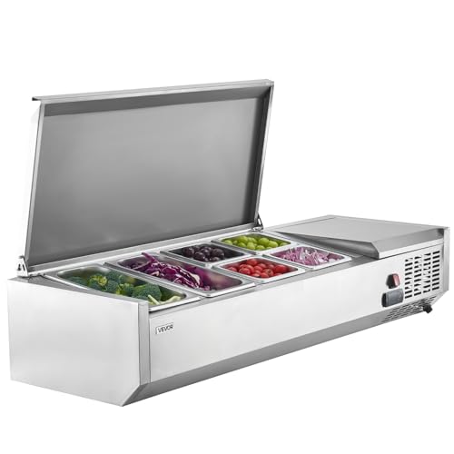 VEVOR Refrigerated Condiment Prep Station, 130 W Countertop Refrigerated Condiment Station, with Two 1/3 Pans & Four 1/6 Pans, 304 Stainless Body and PC Lid, Sandwich Prep Table with Stainless Guard