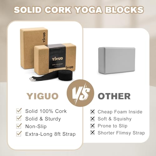 YIGUO Cork Yoga Blocks 2 Pack with Strap, High Density Soft Non-Slip Yoga Blocks, Eco-Friendly Yoga Accessories for Yoga, ...