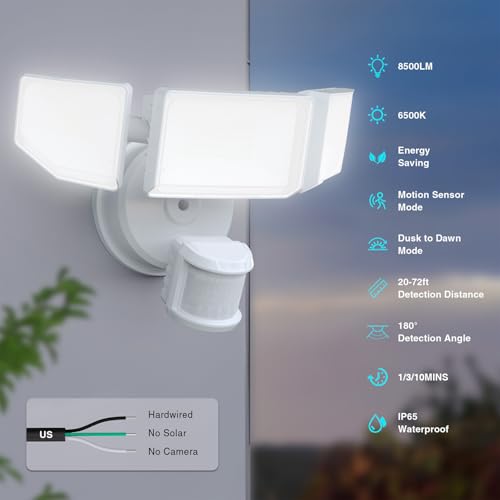 Abovizo 85W LED Security Lights Motion Sensor Light Outdoor, 8500LM Dusk to Dawn, IP65 Waterproof, 6500K, 3 Head Motion De...