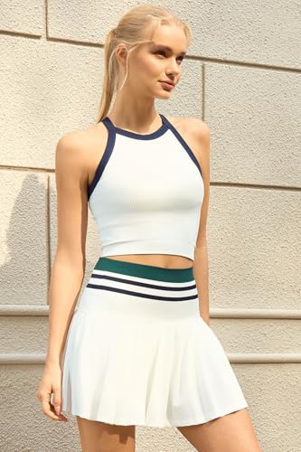 QINSEN Tennis Skirt Set for Women High Waisted Pleated Athletic Pickleball Skirt with Shorts Padded Tank Top 2 Piece Outfits
