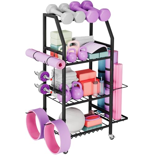 Homeiju Dumbbell Rack, Weight Rack for Home Gym, Yoga Mat Storage Holder with Lockable Wheels, Dumbbell Stand with Hooks, ...