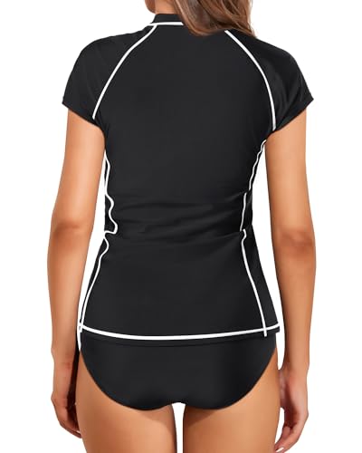 Holipick Short Sleeve Rash Guard for Women - 2 Piece Swimsuit UPF 50+ Zipper Swim Shirts with Built in Bra