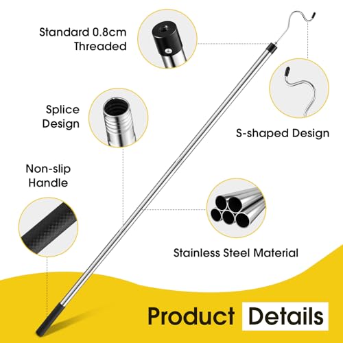Clothes Hook Pole, Extendable from 35" to 50" Stainless Steel Closet Pole Reacher with S-Shaped Hook for Hanging Clothes, ...