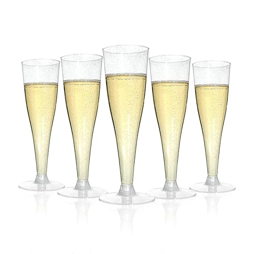 Bestluck 100 Pack Champagne Flutes Plastic, 4.5 oz Silver Glitter Plastic Disposable Stemware, Disposable Champagne Flutes...