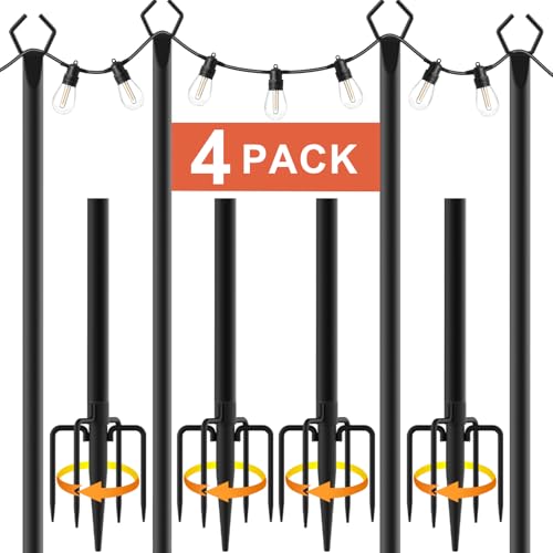 10Ft String Light Poles 4 Pack,Light Poles for Outside Lights,Outdoor with Fence Brackets Hanging Lights,Metal Stand Deck ...