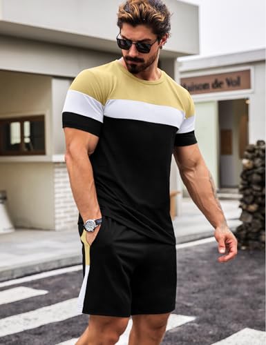 Babioboa Men's Short Sleeve Colorblock T Shirt & Shorts Sweatsuit Set Summer 2 Piece Outfits Casual Athletic Sports Tracksuit