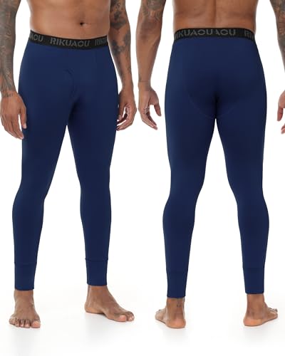 RIKUAOU Men's Thermal Underwear Bottoms, Fleece Lined Long Johns Pants with Fly, Athletic Base Layer Leggings Cold Weather