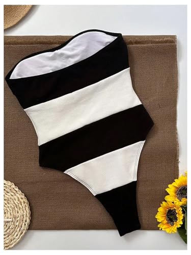 WDIRARA Women's One Piece Color Block Strapless Swimsuit High Cut Bandeau Bathing Suit