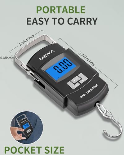 MEIYA Fish Scale 110lb/50kg Digital Fishing Scale with Backlit LCD, Portable Handle, Stainless Steel Hook & 2 AAA Batterie...