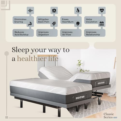 Sven & Son Classic Adjustable Bed Base, Head and Foot Lift, Massage, Under-Bed Lights, USB, Gel Memory, Zero Gravity Smart...