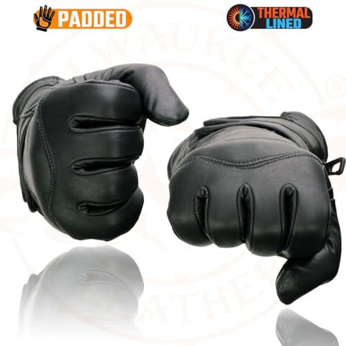 Milwaukee Leather SH233 Men's Black Leather Warm Lining Gauntlet Motorcycle Hand Gloves W/Double Strap Cuff Pull-on Closure