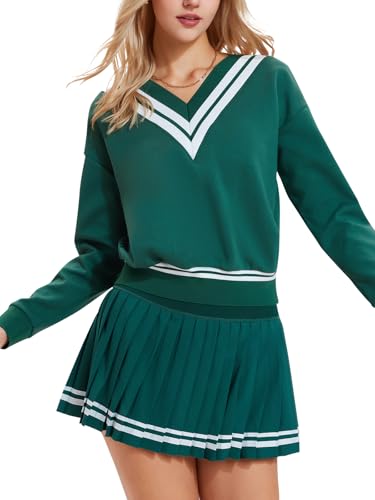 IUK Women's 2 Piece Tennis Skirt Set, V-Neck Long Sleeve Sweatshirt & High Waisted Pleated Skirt, Athletic Outfit for Golf