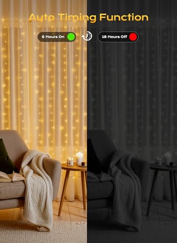 Brightown 600 LED Curtain String Lights, 20 FT Hanging Fairy Lights with Remote, 8 Modes, Waterproof Window Lights for Bed...