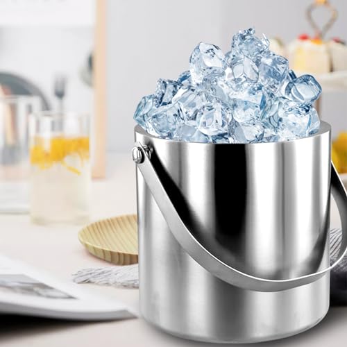 Abizarch Ice Bucket with Lid Strainer Tong,2QT Double Walled Stainless Steel Insulated Ice Bucket Container,Good Sealing I...