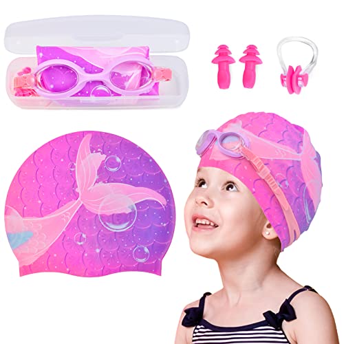 Ausletie Kids Swim Caps for Girls, Toddler Silicone Swimming Cap for Kids, Durable Comfortable Swimming Caps for Girls