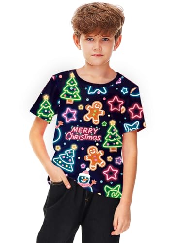 Remimi Kids Christmas Shirts Cute Print Short Sleeve Holiday Funny Xams Tops 5-14 Years
