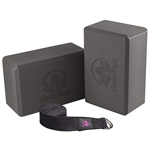Clever Yoga Blocks & Strap - Lighweight Foam Yoga Blocks 2 Pack with 8ft Cotton Yoga Strap Set Kit for Beginners & Pros, A...