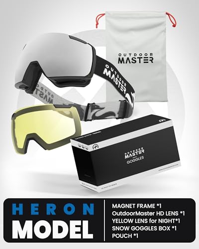 OutdoorMaster Heron Ski Goggles with 2 Lens, Frameless, Magnetic Interchangeable HD Toric Lens, OTG Snowboard Goggles