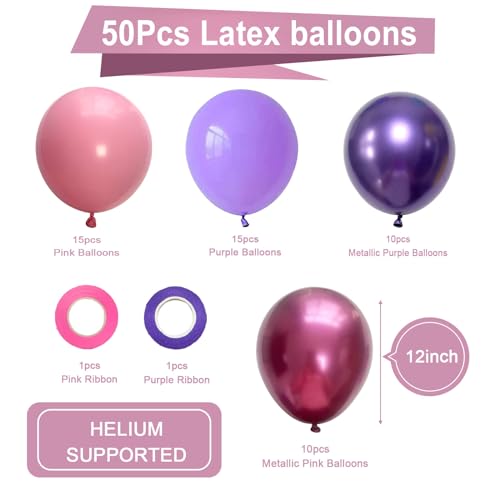 Pink and Purple Party Balloons, 50Pcs 12 Inch Purple Pink Balloons, Metallic Pink Purple Latex Balloons Birthday Party Bal...