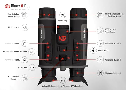 ATN Binox 6 Dual Multispectral Binoculars 256×192 Sensor w/Thermal + 4K Day/Night/Twilight, 1,000 m Laser Rangefinder, Wi-...