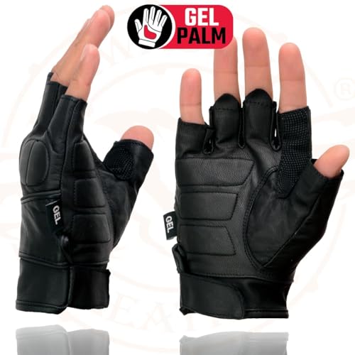Milwaukee Leather SH462 Men's Black Leather Gel Palm Fingerless Motorcycle Hand Gloves W/Soft and Stylish ‘Knuckle Pads’