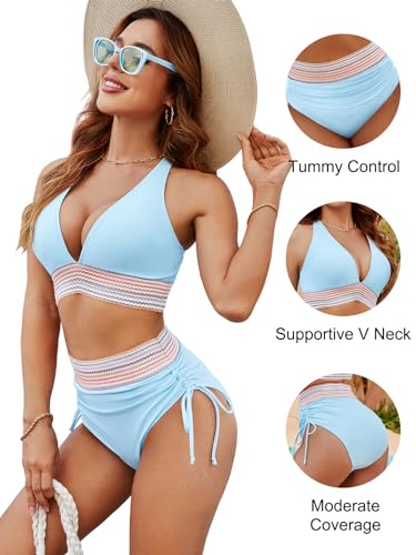 Blooming Jelly Women High Waisted Bikini Sets Tummy Control Swimsuits Color Block Two Piece Drawstring Bathing Suit