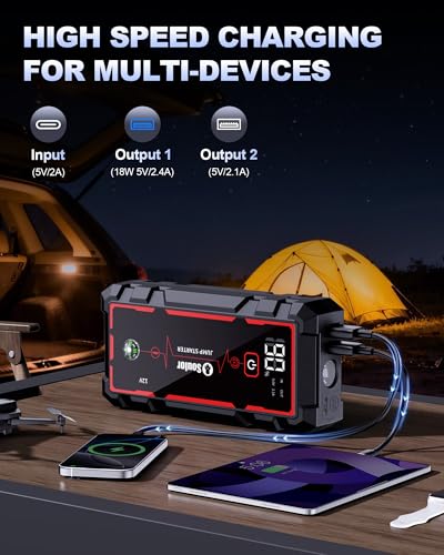 Jump Starter, Battery Jumper Starter Portable, Car Battery Jump Starter with 3 Modes Flashlight, Compass, Power Bank and J...