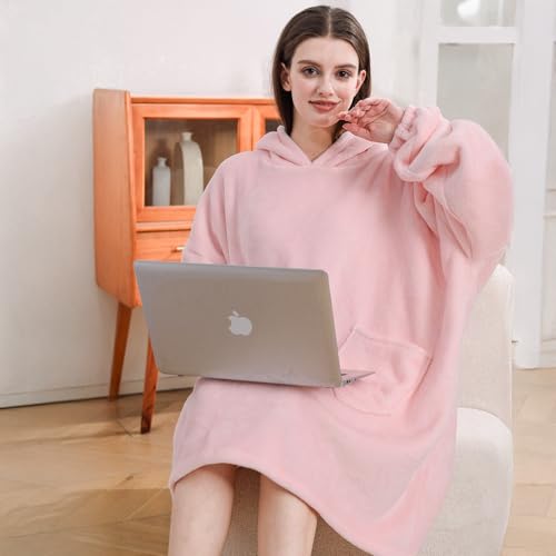 Pink Sherpa Wearable Blanket Hoodie,Oversized Blanket Hooded, Cozy Soft Plush Hooded Blanket for Adult, Warm Christmas Bir...