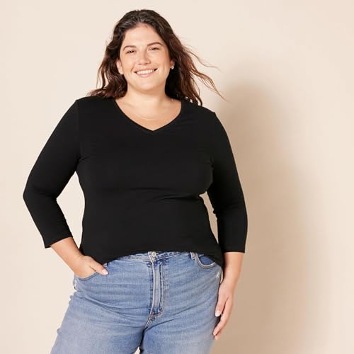 Amazon Essentials Womens Regular-Fit 3/4 Sleeve V-Neck T-Shirt (Available in Plus Size)
