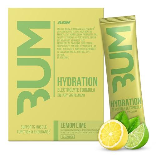 RAW Electrolytes Powder Hydration Drink Mix Packets, Bum Hydrate (Lemon Lime, 20 Servings) - Electrolyte Hydration Packets...
