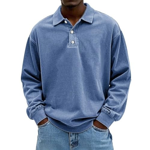 Men's Vintage Rugby Polo Shirt Long Sleeve Collared Thermal Pullover for Casual Work & Golf