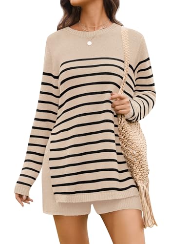 NENONA Women's Spring Summer Sweater Sets 2 Piece Beach Vacation Outfits Long Sleeve Casual Tops & Shorts Loungewear
