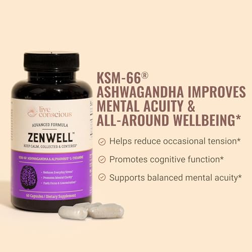 Live Conscious KSM-66 Ashwagandha Supplement w/L Theanine & AlphaWave - ZenWell Everyday Stress Relief, Cognitive, Brain H...