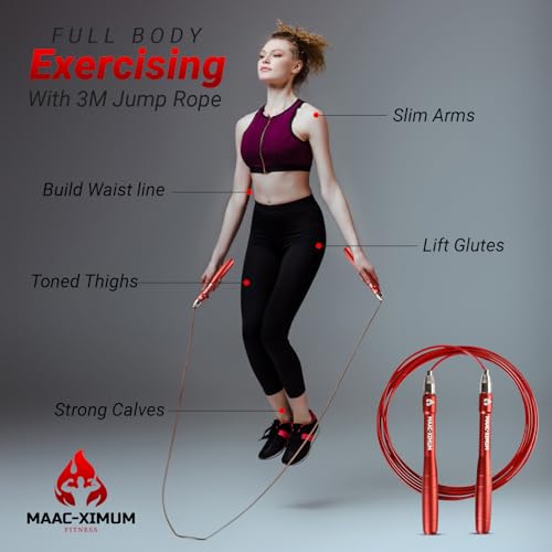 MAAC-XIMUM High Speed Rope - Professional Self-Locking & Adjustable, Adult Speed Jump Rope, 2 x PU coated Steel Ropes & Tr...