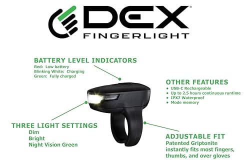 DEX FINGERLIGHT - High Tech Wearable LED Flashlight - Rechargeable Fingerlight - 3 Light Modes - IPX7 Weather Resistant - ...