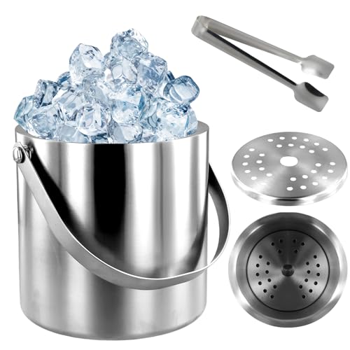 Abizarch Ice Bucket with Lid Strainer Tong,2QT Double Walled Stainless Steel Insulated Ice Bucket Container,Good Sealing I...
