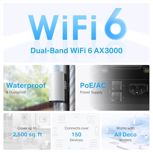 TP-Link Deco Outdoor Mesh WiFi (X50-Outdoor), AX3000 Dual Band WiFi 6 Mesh, 2 Gigabit Ports, 802.3at PoE+,Weatherproof, Wo...